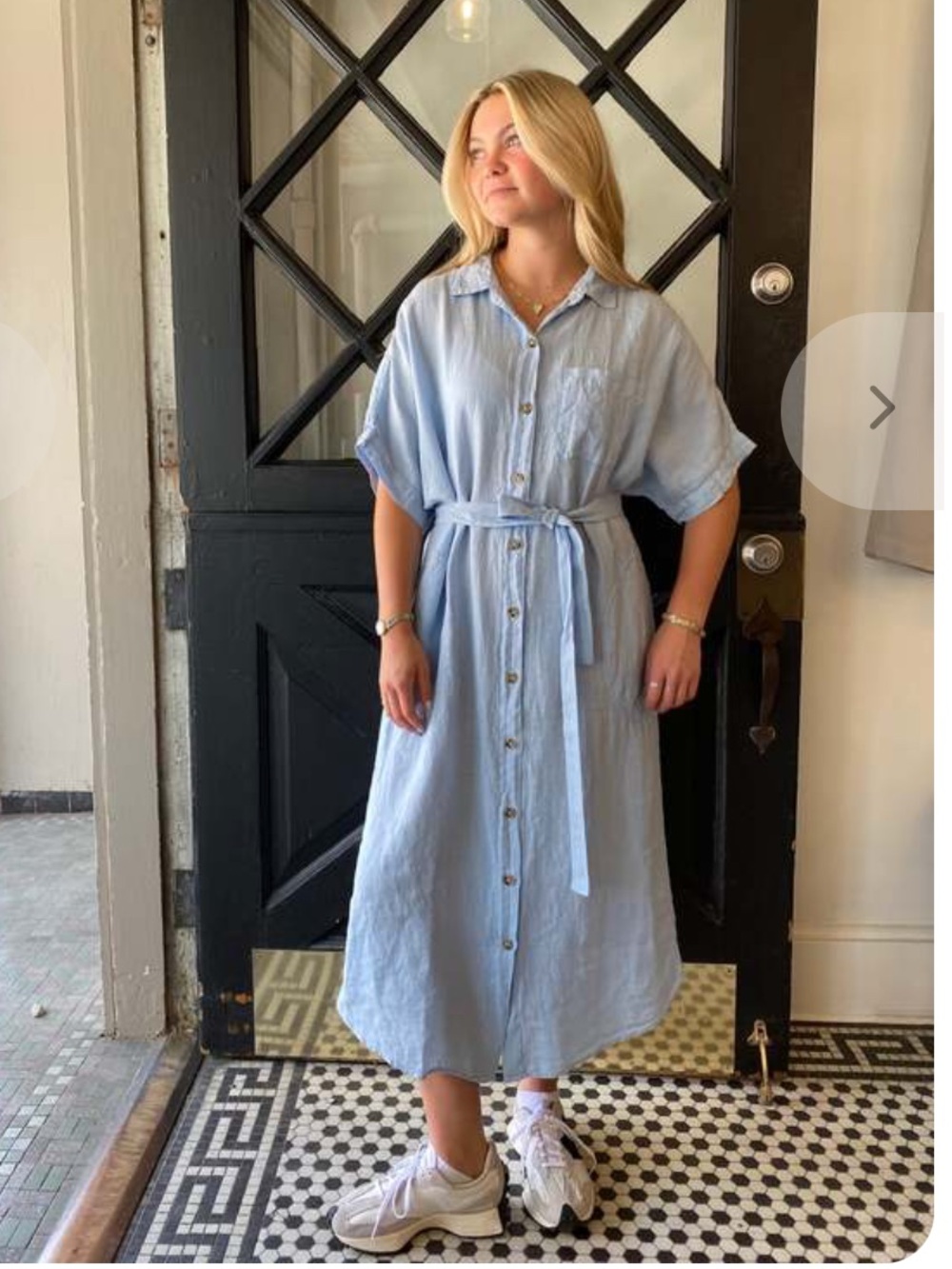 Velvet Graham Spencer Sandra 100% Linen Button-Up Dress Billow blue tie waist
